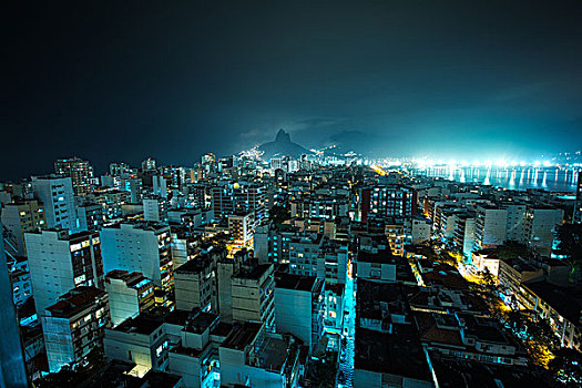俯拍,城市,光亮,夜晚,伊帕内玛,里约热内卢,巴西