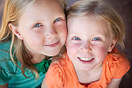 头像,两个,姐妹,微笑,两个女孩,蓝眼睛,金发