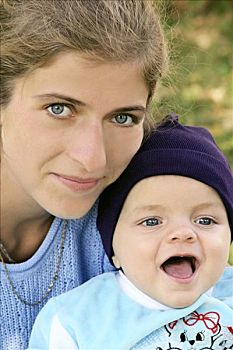 男婴,戴着,蓝色,帽,满意,母亲