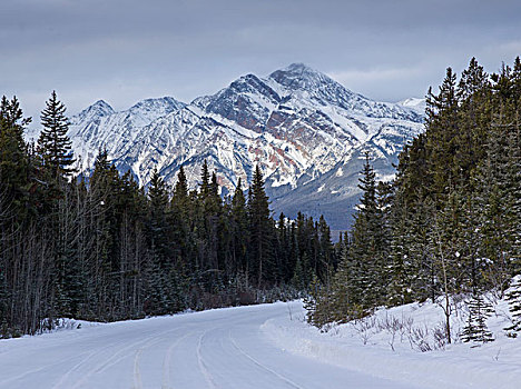 积雪,道路,山脉,玛琳湖,公路,碧玉国家公园,艾伯塔省,加拿大