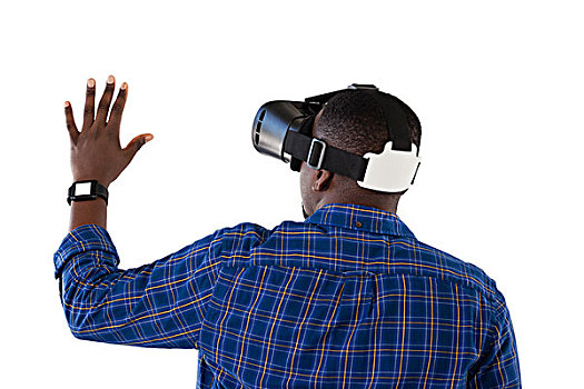 男人,手势,虚拟现实,耳机,后视图
