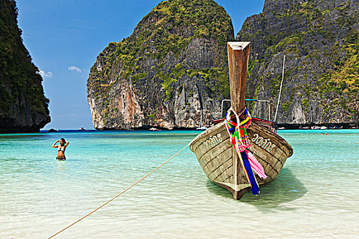 泰国,船,停泊,海滩,玛雅,湾