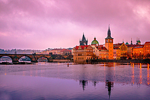 伏尔塔瓦河,查理大桥,桥,塔,历史,中心,日出,清晨,布拉格,波希米亚,捷克共和国,欧洲