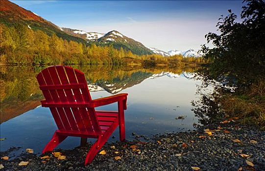红色,椅子,湖岸,阿拉斯加