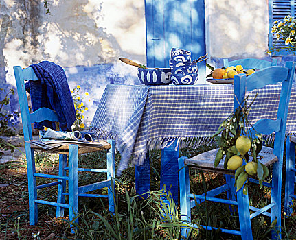 桌子,蓝色,白色,桌布,瓷器,柠檬