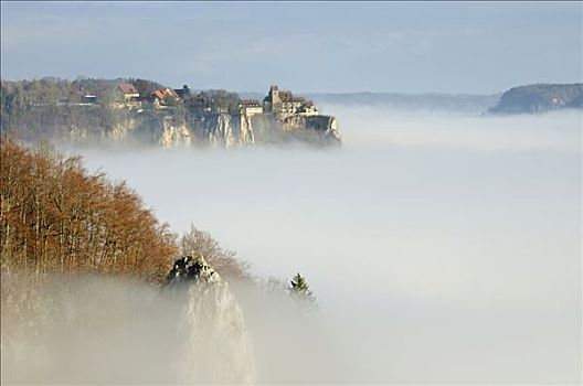 雾,高处,山谷,城堡,巴登符腾堡,德国,欧洲