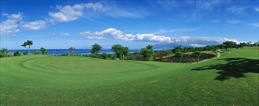 夏威夷,毛伊岛,黄金,高尔夫球场,洞,风景,海洋,蓝色背景