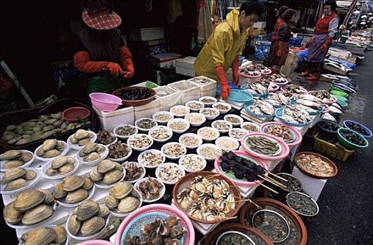 韩国,釜山,市场,海鲜,货摊