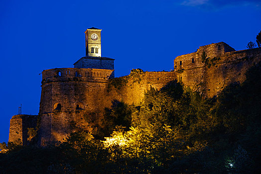 钟楼,城堡,夜晚,吉洛卡斯特拉,阿尔巴尼亚,欧洲