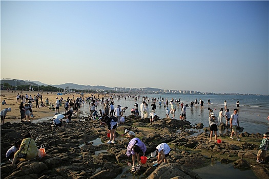 山东省日照市,海边旅游再掀高潮,游客赶海拾贝漫步沙滩感受清凉