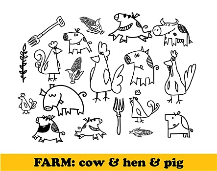 农场,母牛,母鸡,猪