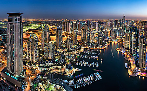 航拍,城市,迪拜,阿联酋,黄昏,光亮,摩天大楼,码头,前景