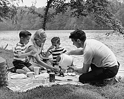 家庭,两个,儿子,野餐,湖岸