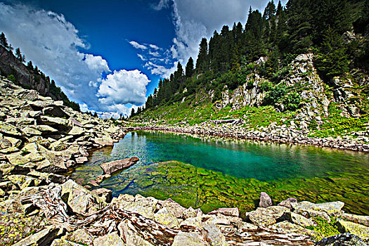 蓝绿色,高山湖