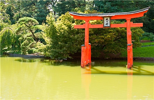日式庭园,水塘,红色,禅,塔