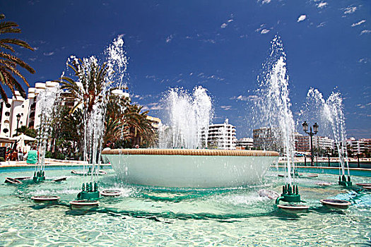 喷泉,海滩,散步场所,伊比沙岛,西班牙,欧洲