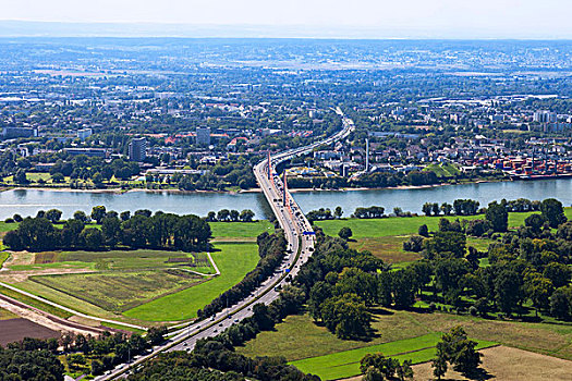 航拍,公路,桥,面对,西部,莱茵河,莱茵兰,北莱茵-威斯特伐利亚,德国,欧洲