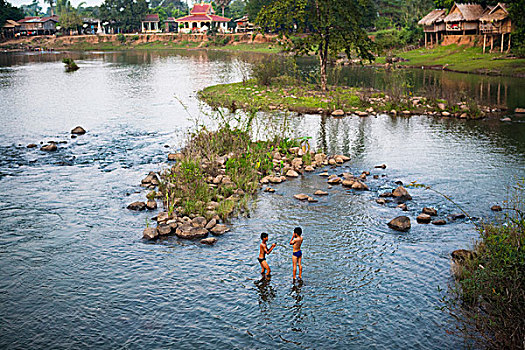 困,河边,城镇,老挝,儿童,钓鱼,网,手工制作,矛