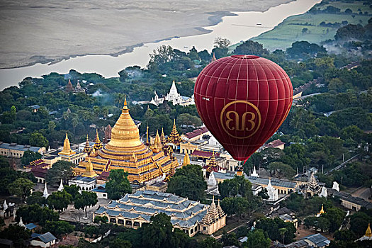 热气球,黎明,上方,瑞喜宫塔,蒲甘,缅甸,东南亚,亚洲