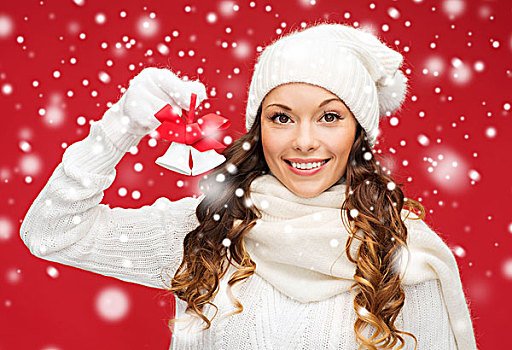 圣诞节,圣诞,冬天,高兴,概念,微笑,女人,连指手套,帽子,铃铛