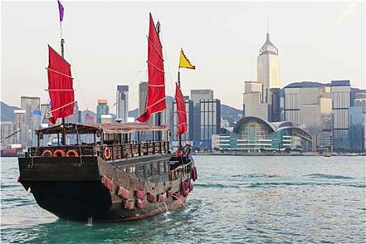 香港,天际线,帆船,船