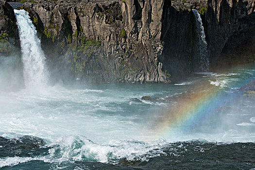 冰岛,米湖,地区,环路,东北方,区域,河,神灵瀑布,瀑布,彩虹,流行,大幅,尺寸