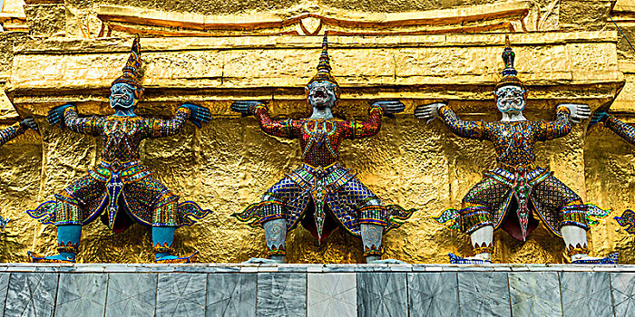 三个,雕塑,金色,墙壁,玉佛寺,寺院,曼谷,泰国