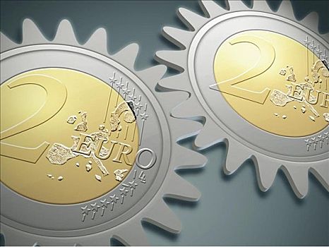 钱,欧元硬币,象征,欧洲货币,联合,齿轮,针状物,经济,繁荣