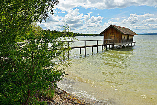 船库,木码头,湖,上巴伐利亚,巴伐利亚,德国