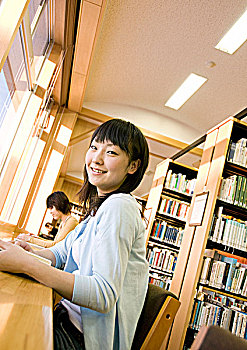 女学生,微笑,图书馆,校园