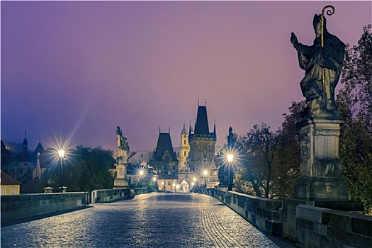 查理大桥,布拉格,捷克共和国,夜晚,亮光