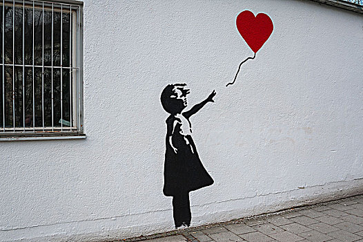 墙壁,涂鸦,孩子,心形,气球,慕尼黑,巴伐利亚,德国,欧洲