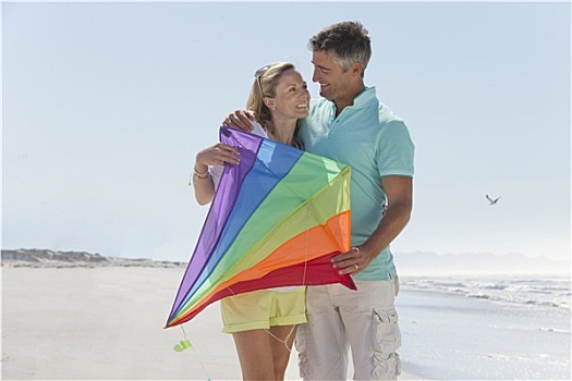幸福伴侣,拿着,风筝,晴朗,海滩
