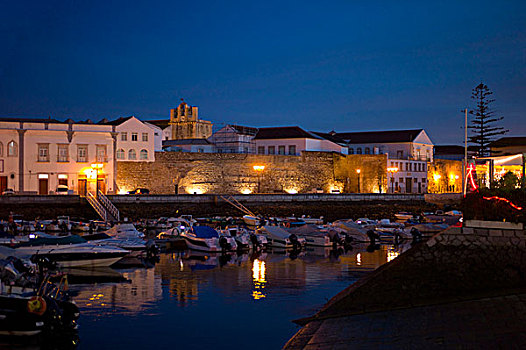 码头,夜晚,法若,阿尔加维,葡萄牙,欧洲