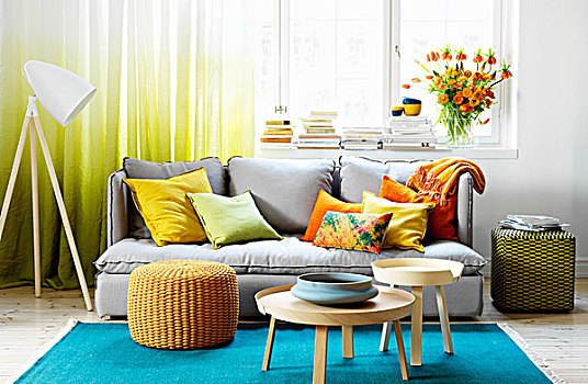 彩色,客廳,青綠色,地毯,灰色,沙發,散落,墊子,黃色,橙色