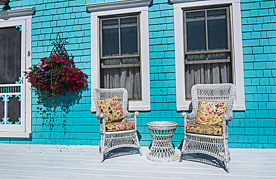 加拿大,爱德华王子岛,维多利亚,漂亮,蓝色,维多利亚式住宅,门廊,椅子,完美