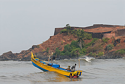 黄色,渔船,堡垒,北方,喀拉拉,印度南部,亚洲