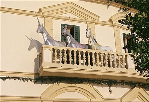 雕塑,马,独角兽,露台,港口,马略卡岛,西班牙