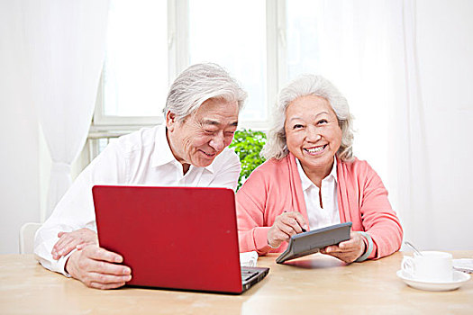 一对老年夫妇使用笔记本电脑和计算器