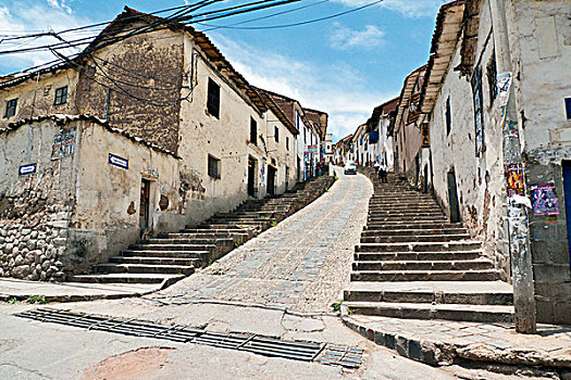 陡峭,鹅卵石,街道,排列,楼梯,库斯科,库斯科市,世界遗产,秘鲁,南美
