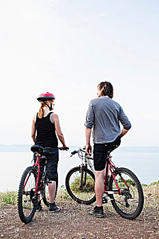 情侣,自行车,享受,风景