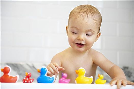 男孩,玩,塑料制品,鸭子,沐浴