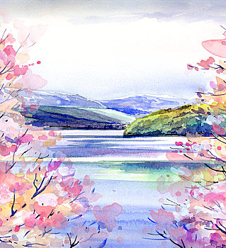 樱花,湖