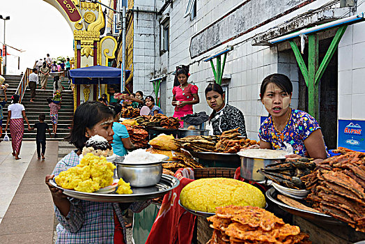 吉桃,小吃摊,朝圣,乡村,吉谛瑜佛塔,金岩石佛塔,孟邦,缅甸