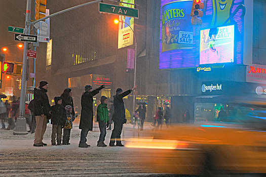 招手,出租车,暴风雪,时代广场,纽约,美国