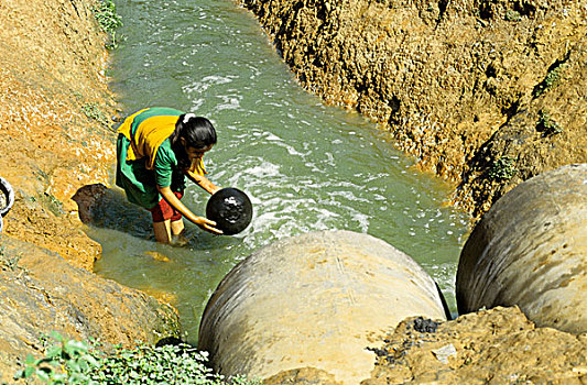 女孩,洗,器具,污染,水,湖,孟加拉,1998年