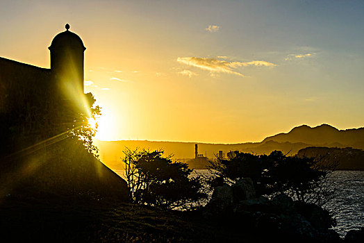 逆光,瞭望塔,要塞,圣费利佩,普拉塔港,多米尼加共和国