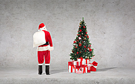 休假,人,概念,男人,服饰,圣诞老人,包,上方,混凝土墙,圣诞树,背景