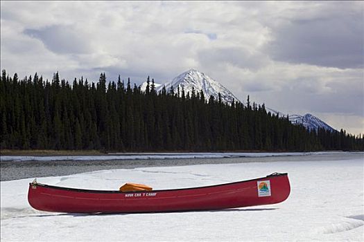 独木舟,雪,岸边,河,冰,分手,育空地区,加拿大,北美