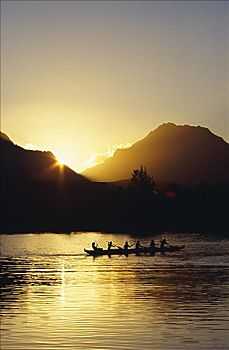 夏威夷,瓦胡岛,运河,日落,舷外支架,独木舟,练习